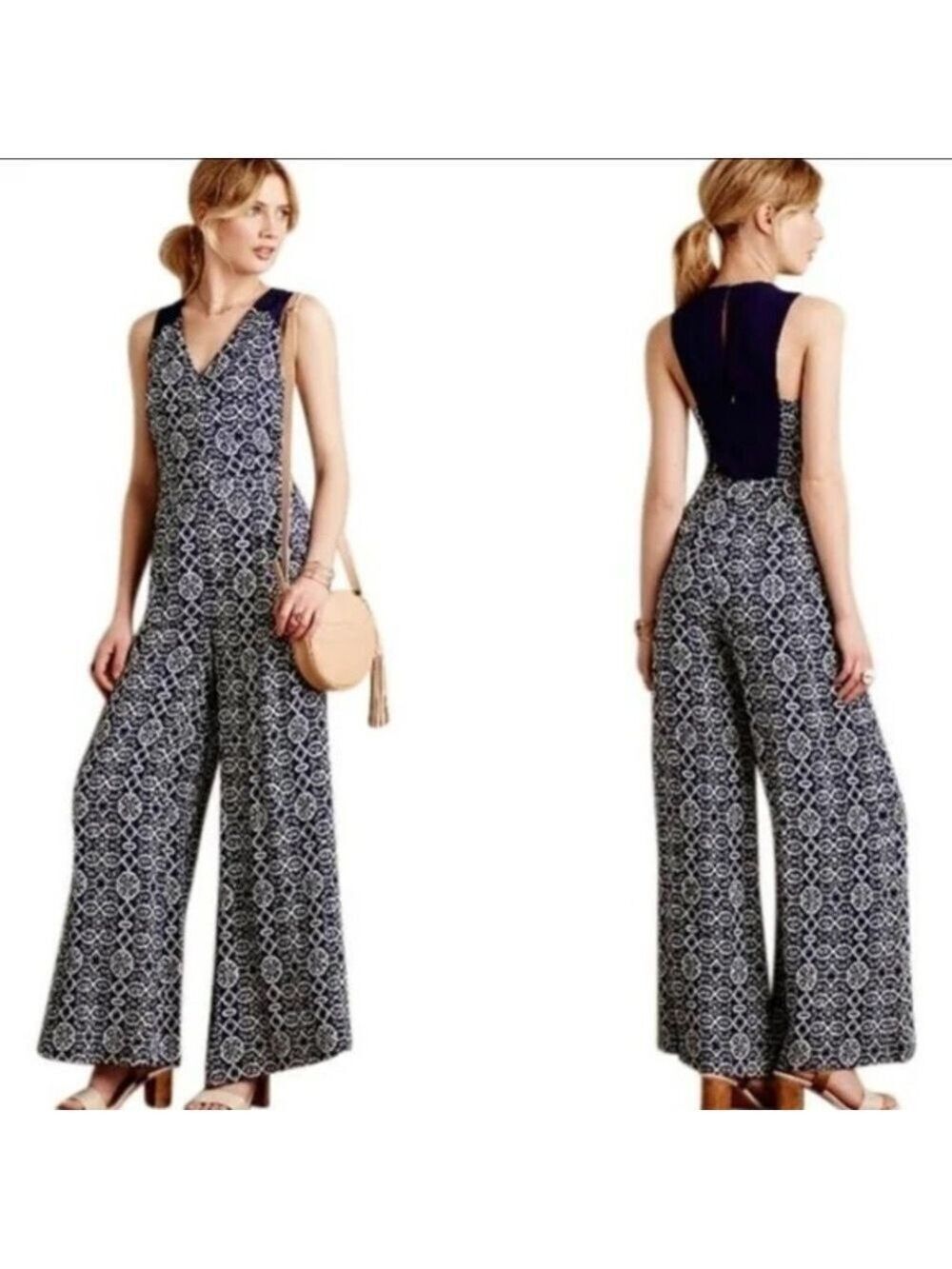 Anthropologie Elevenses Audra Blue/White Jumpsuit. Size 2